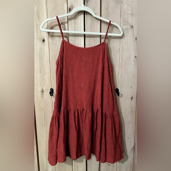 Boho Bohemian Embroidered Rust Red Sleeveless Ruffle Cami Mini Dress - Picture 4 of 7